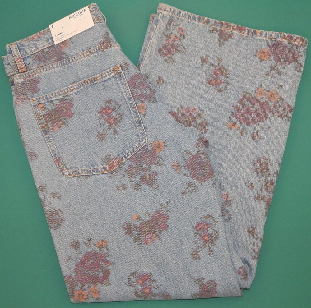 Arizona Jean Baggy Super Low-Rise Wide Leg Cotton Denim Jeans Size 8 Floral Blue